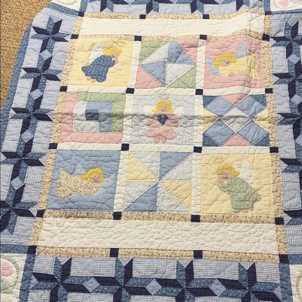 Baby Crib Quilt Blanket Handmade Angels 58” x 51” pastel colors